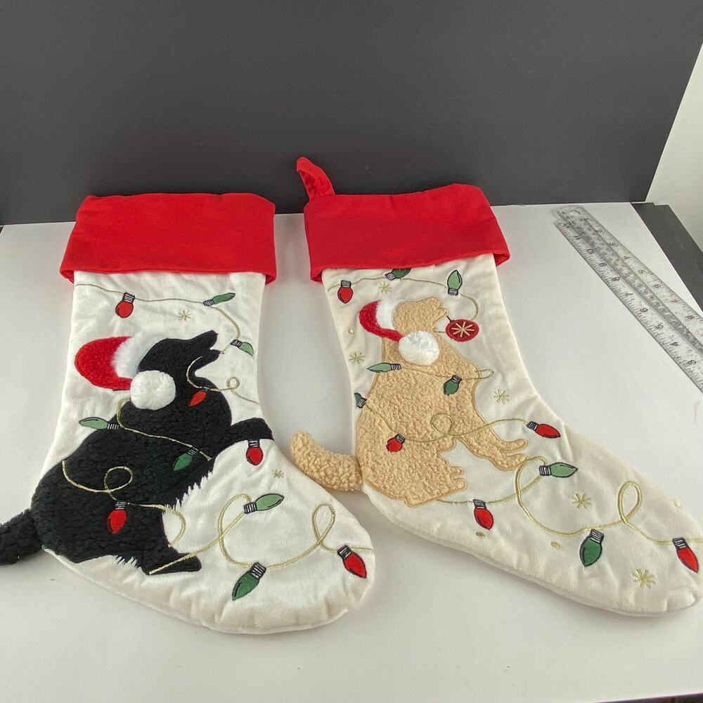 Christmas Pet Stockings Set of 2 Black Cat Golden Retriever Dog Santa Applique